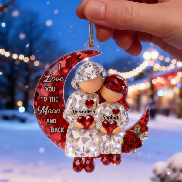 3D Crystal Effect Grandma Grandpa Grandkid Sitting on Moon - Personalized Acrylic Ornament - Christmas Gift for Grandma, Grandkids - Pawesome House