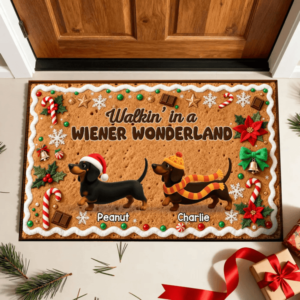 3D Effect Christmas Happy Pawliday Dachshunds Walking Gingerbread Cookie Theme - Personalized Doormat - Pawesome House