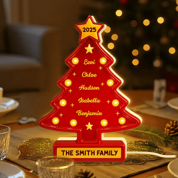 3D Effect Christmas Tree Marquee Texture Family Members Names Personalized LED Light Box - Pawesome House
