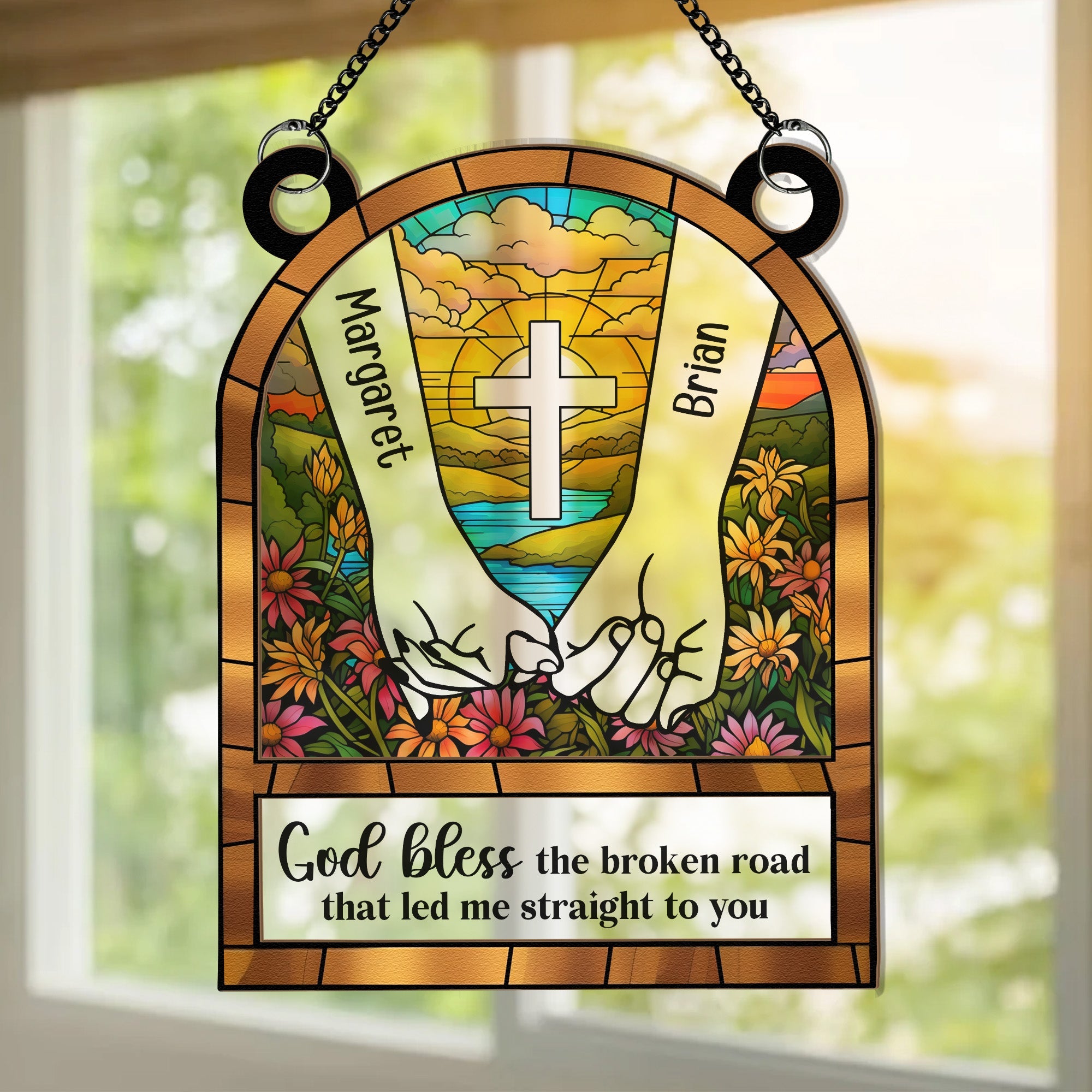 God Blessed The Broken Road - Personalized Window Hanging Suncatcher O ...