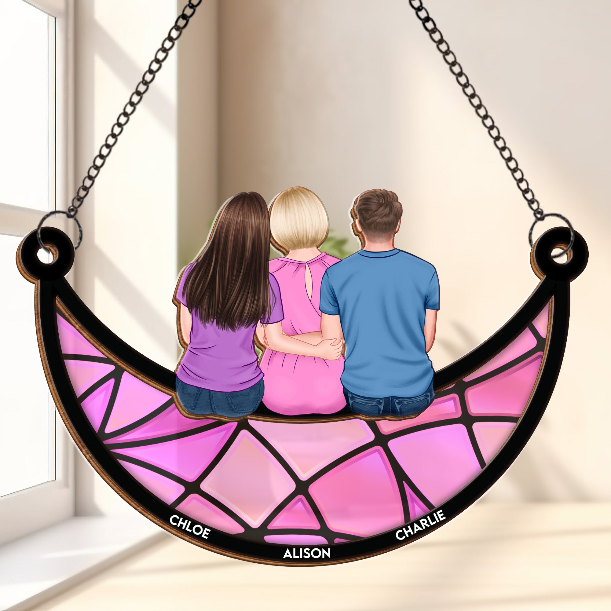 Mom & Children Sitting On The Moon - Personalized Window Hanging Sunca ...