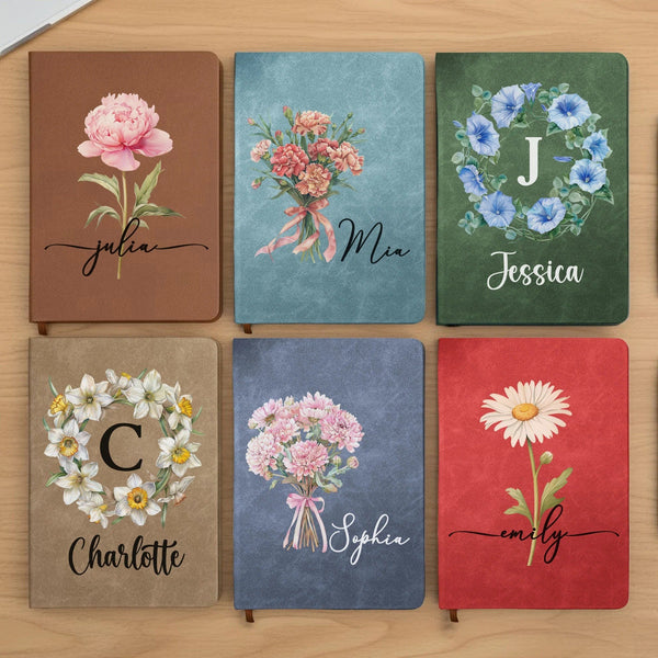 Custom Birth Flower & Name For Her, Wife, Daughter, Sister - Personalized Leather Journal - Pawesome House