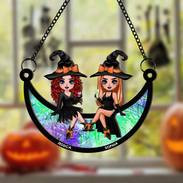 Halloween Witch Besties Sitting On Moon Personalized Window Hanging Suncatcher Ornament, Halloween Decor - Pawesome House