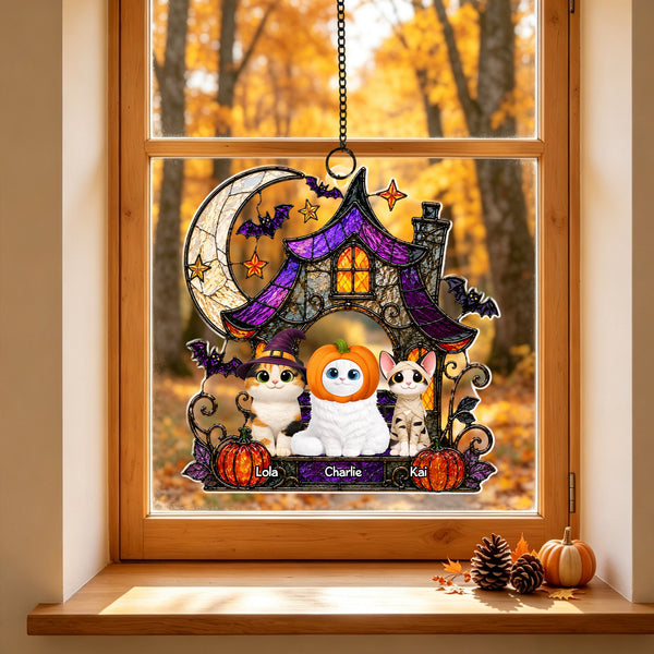Personalized Acrylic Window Hanging – Haunted House & Spooky Cats Halloween Decor - Pawesome House