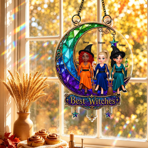 Personalized Halloween Acrylic Window Hanging – Beautiful Witches on the Moon - Pawesome House