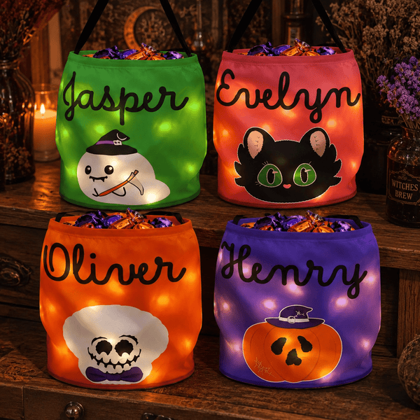 Personalized Halloween Basket for Kids - Custom Name Candy Basket with Glow Light - Pawesome House
