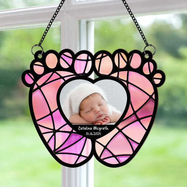 Baby Feet With Love Heart - Personalized Window Hanging Suncatcher Ornament