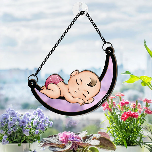 Baby Sleeping On The Moon - Personalized Window Hanging Suncatcher Ornament