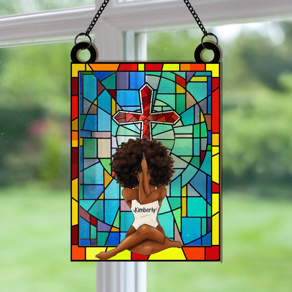 Schwarzes Mädchen mit Gott glauben - personalisierte Fenster hängenden Suncatcher Ornament