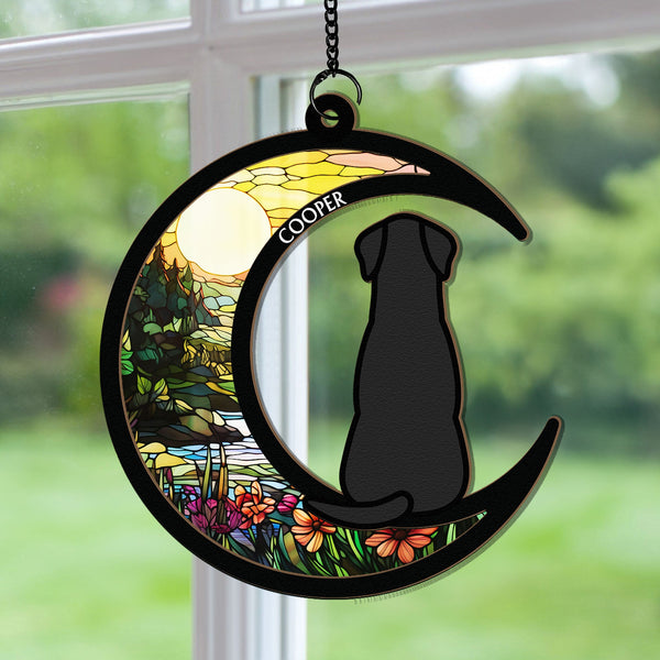 Dog & Cat On Moon - Personalized Window Hanging Suncatcher Ornament