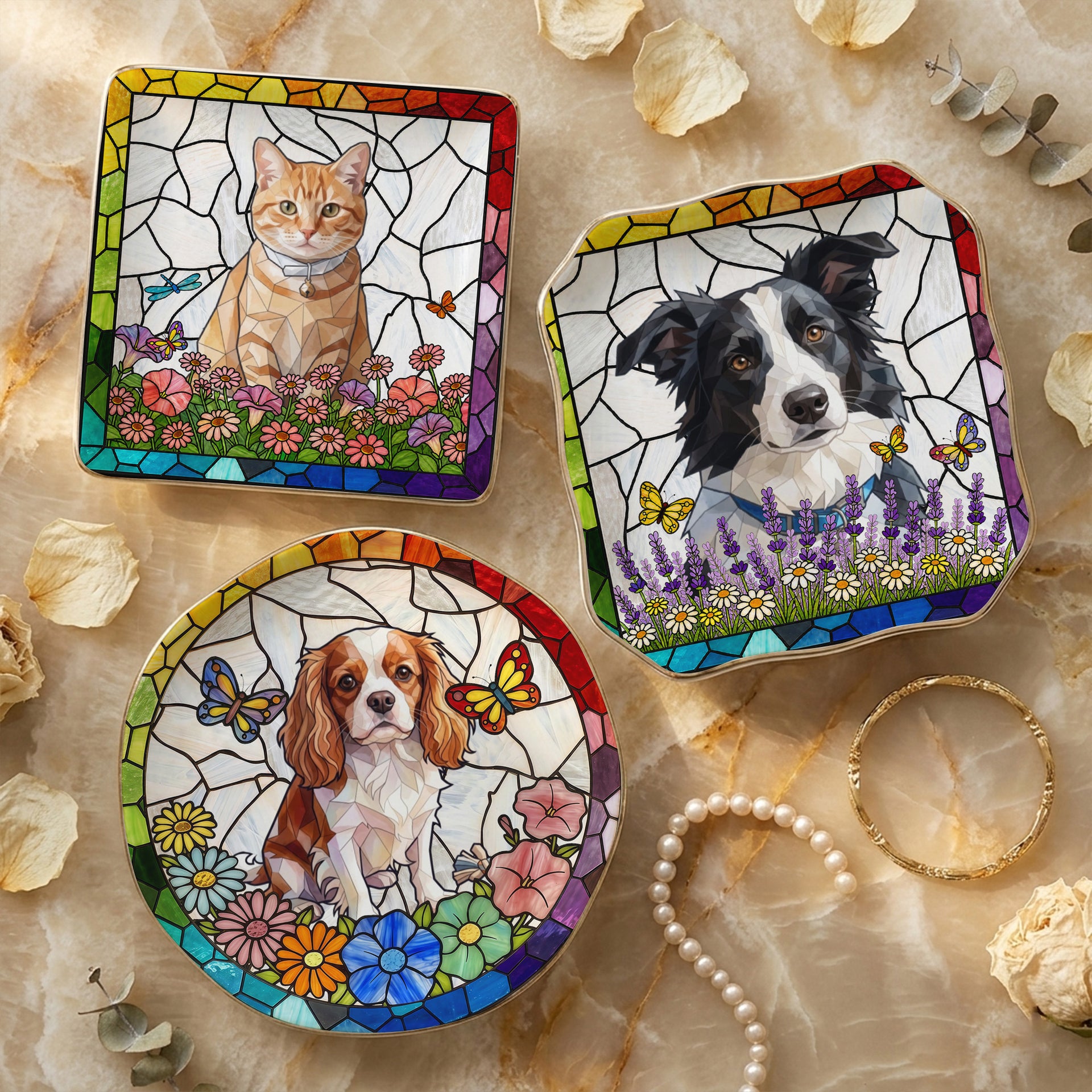 Personalized Pet Portrait Jewelry Dish – Custom Stained Glass Floral Design - Square 商品缩略图