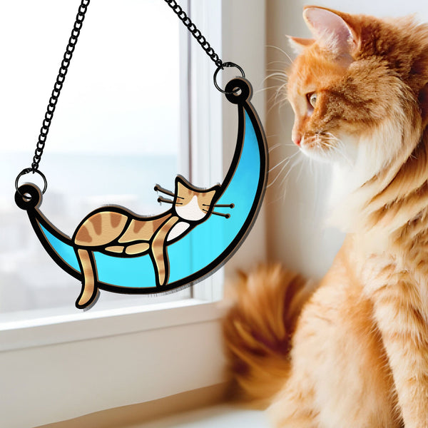 Schlafende Katze auf Mond - Personalisiertes Fenster-Sonnenfänger-Ornament