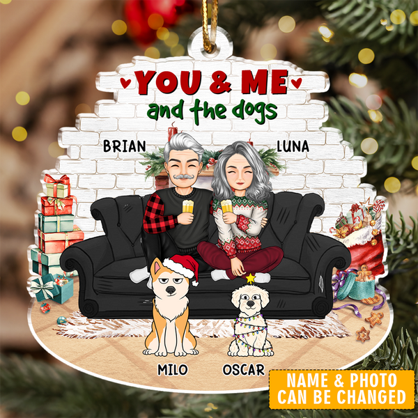 You And Me And The Dogs Cartoon Couples Christmas - Personalized Custom Shaped Acrylic Ornament