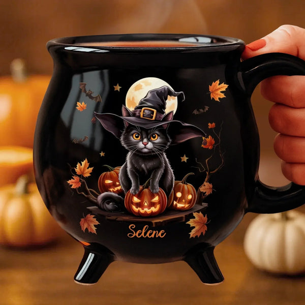 Custom 12oz Ceramic Cauldron Coffee Mug - Personalized Halloween Witchy Gifts For Besties, Sisters, BFF, Family, Yourself - Purrfectly Spooky - Pawesome House