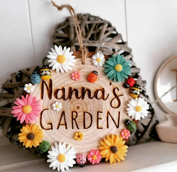 Personalised Garden Engraved Hanging Wooden Log Sign with Floral Ladybug and Bumblee Bee Decor