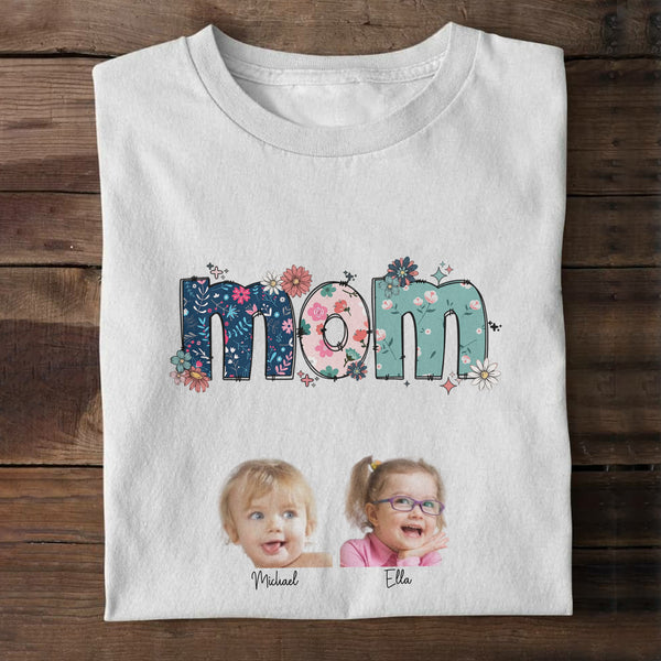 Florales Mama-Foto und Kindername - Geschenk für Oma, Muttertag, Geburtstagsgeschenk - personalisiertes individuelles Fotoshirt