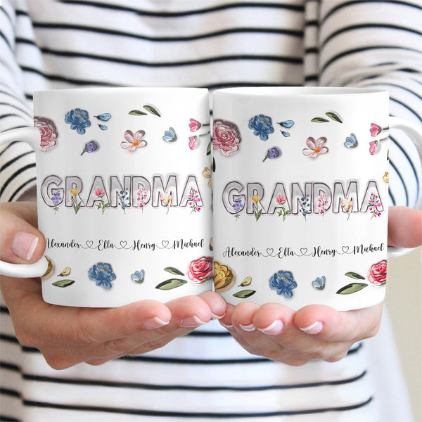 Benutzerdefinierter Name Mama Nana Blumen - Geschenk für Mama, Oma - personalisierte weiße Tasse von Rand zu Rand