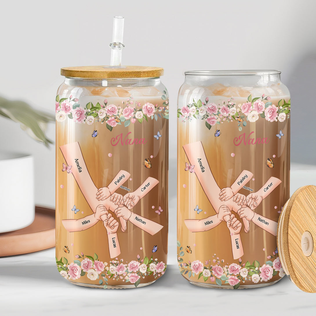 Grandma Holding Hands Custom With Kids' Names -  Personalized Clear Glass Can