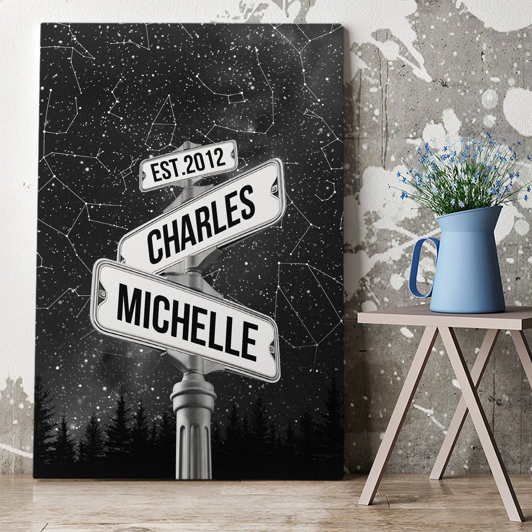 Custom Name Street Sign Star Map Wedding Couple Gift - Personalized Wrapped Canvas