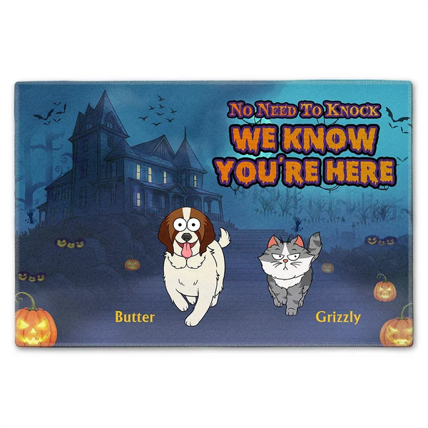 Pas besoin de frapper, nous savons que vous êtes là - Décoration intérieure personnalisée - Tapis de bienvenue personnalisé - Cadeau pour les propriétaires d'animaux, les amoureux des animaux