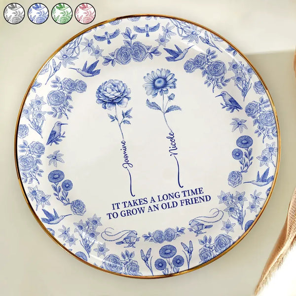 Toile De Jouy Birth Flower Grow An Old Friend - Personalized Round Ring Dish
