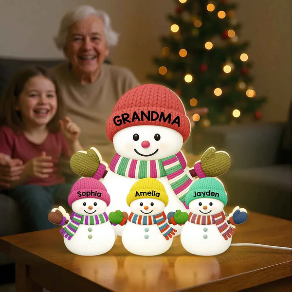 3D Effect Heartwarming Christmas Grandma Grandkids Snowman Together - Personalized Light Box - Gift For Grandmas