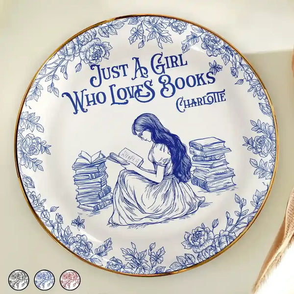 Just A Girl Who Loves Books Toile De Jouy Pattern - Personalized Round Ring Dish
