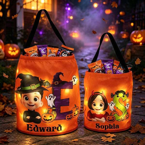 Personalized Light-Up Halloween Candy Basket – Custom Initial & Kids Name - Pawesome House