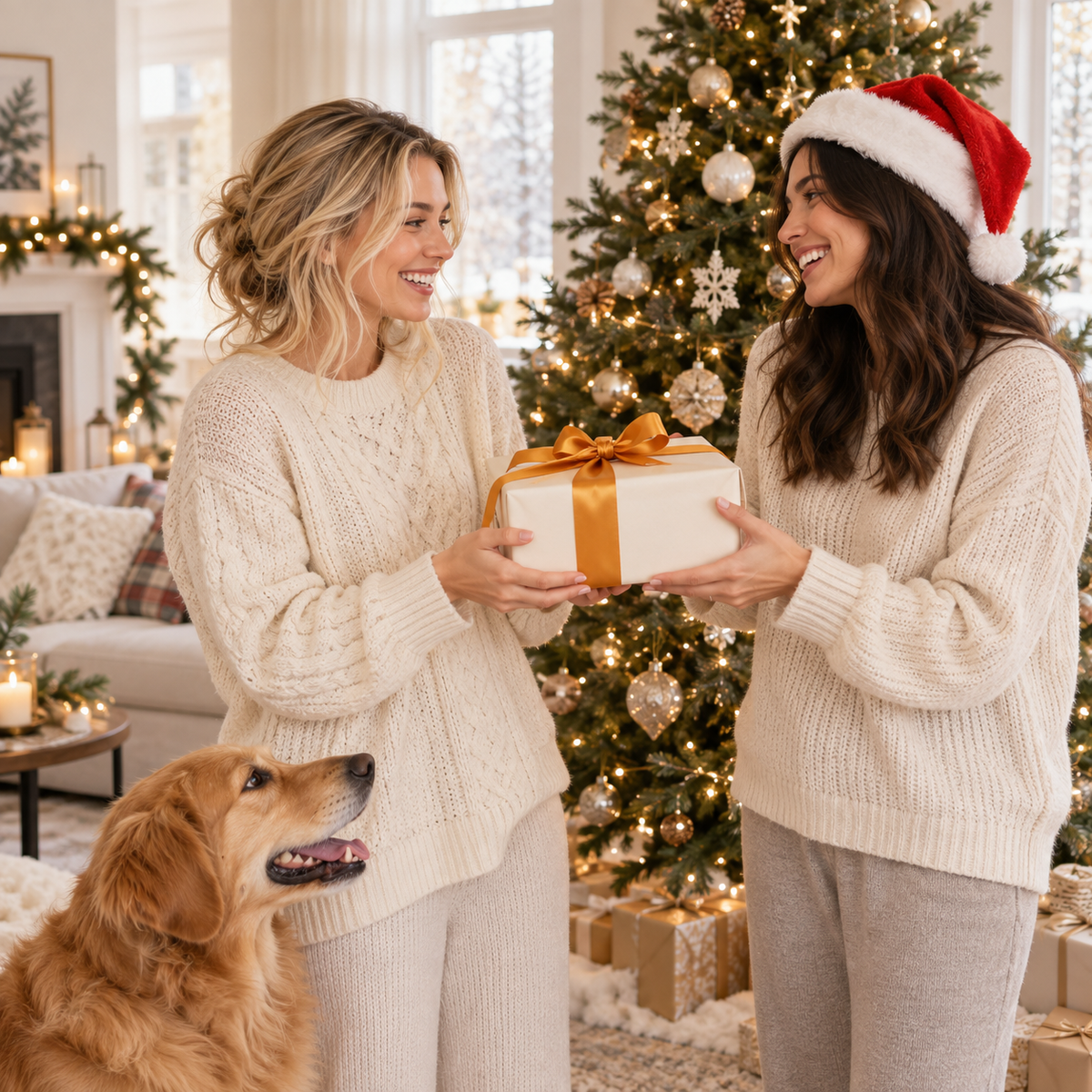 Friends sharing a Christmas gift