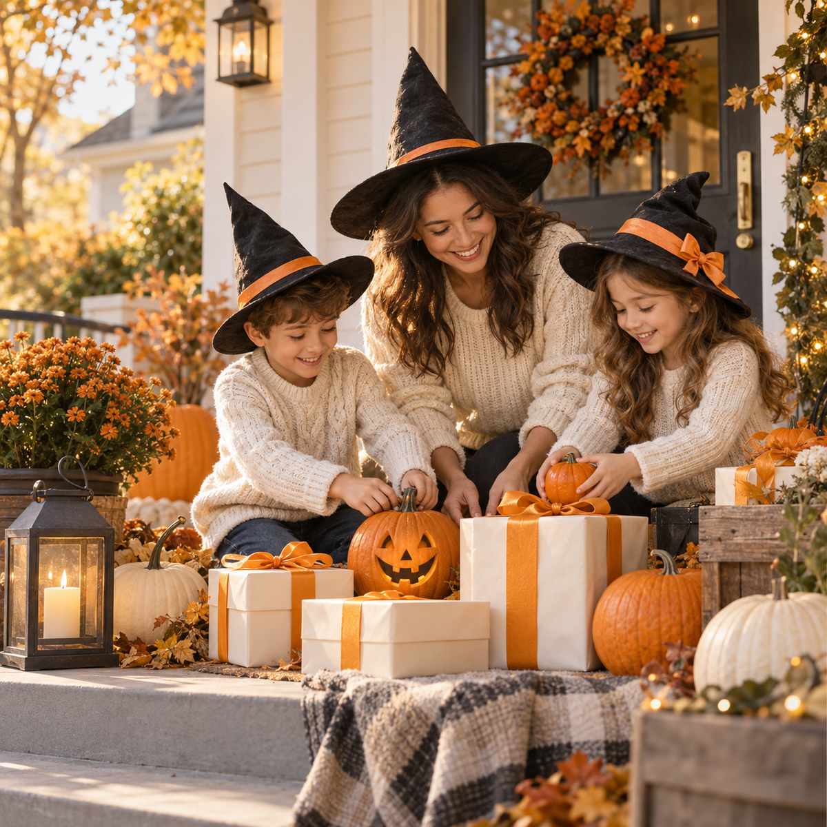 Family celebrating Halloween with pumpkins