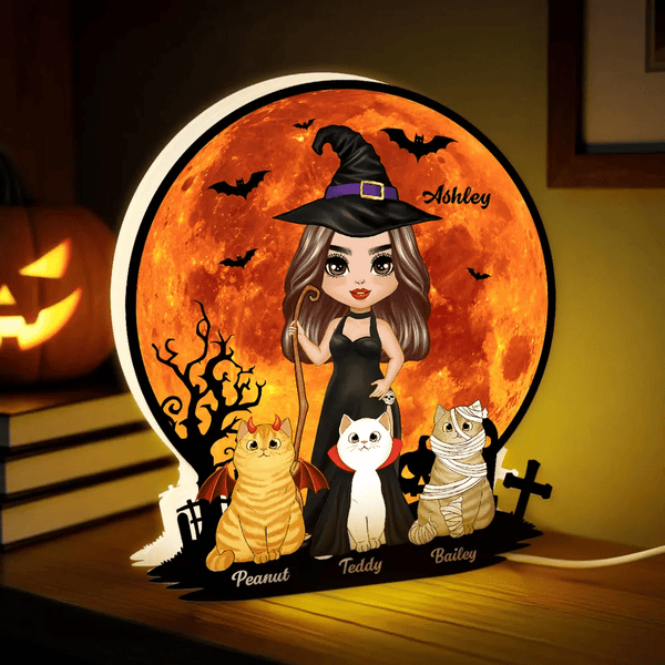 Witch Cat Mom Under Halloween Moon Tabletop Tier Tray Decor Personalized Light Box, Halloween Decor For Cat Lovers - Pawesome House