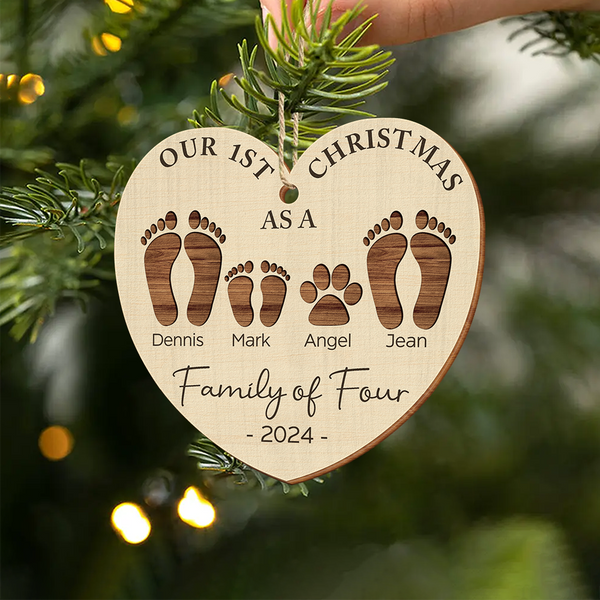 First Christmas As A Family Of Four Footprints - Personalized Wood Ornament